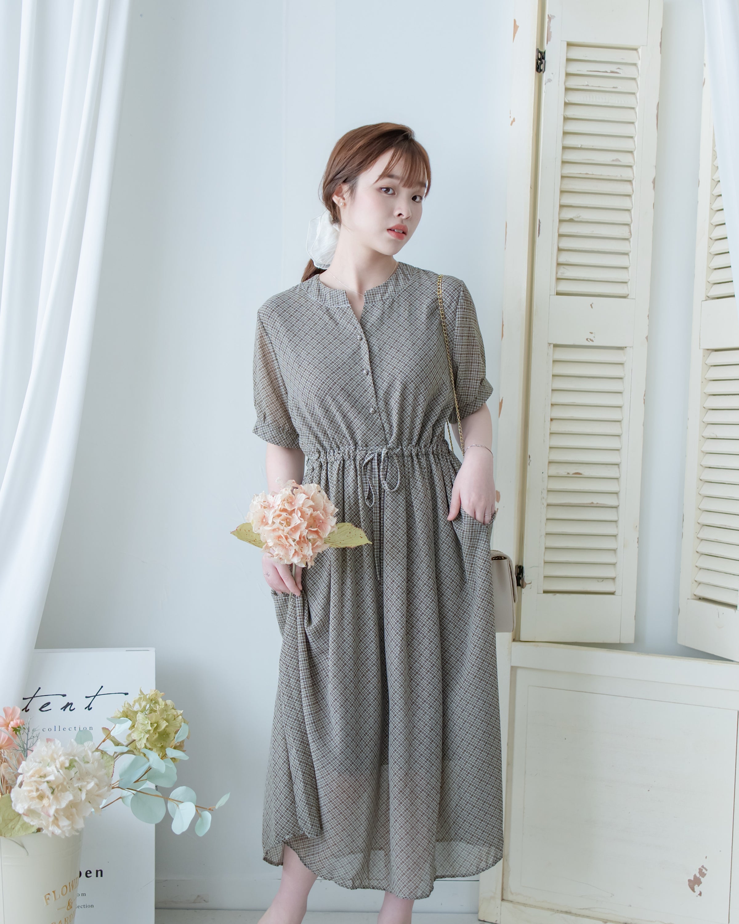 Rhombus Dress 輕復古菱格紋修腰連身裙/ DS1160