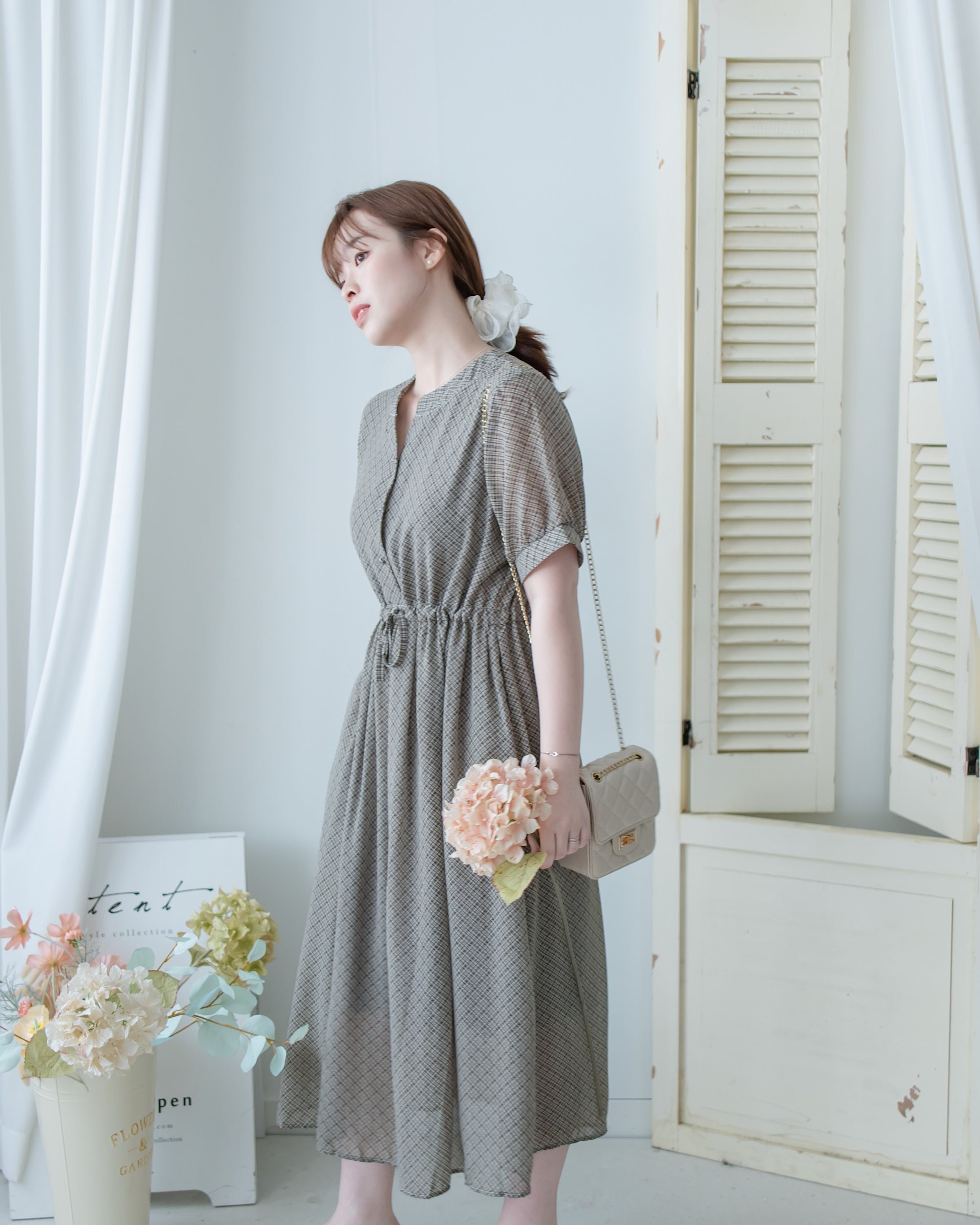 Rhombus Dress 輕復古菱格紋修腰連身裙/ DS1160