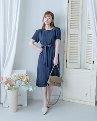Side Slit Dress 車褶腰身綁帶開衩直身連身裙/ DS1161