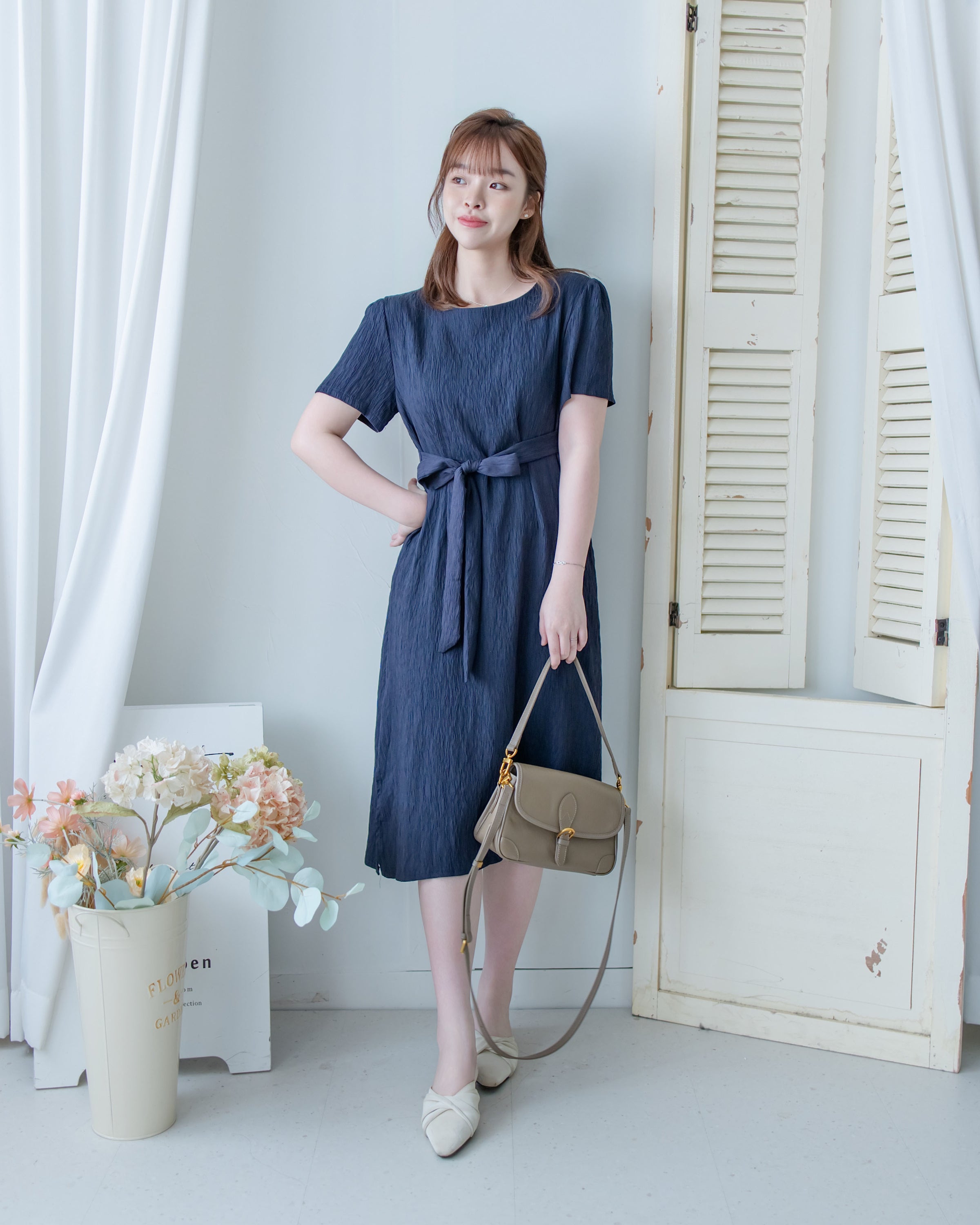 Side Slit Dress 車褶腰身綁帶開衩直身連身裙/ DS1161