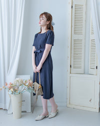 Side Slit Dress 車褶腰身綁帶開衩直身連身裙/ DS1161