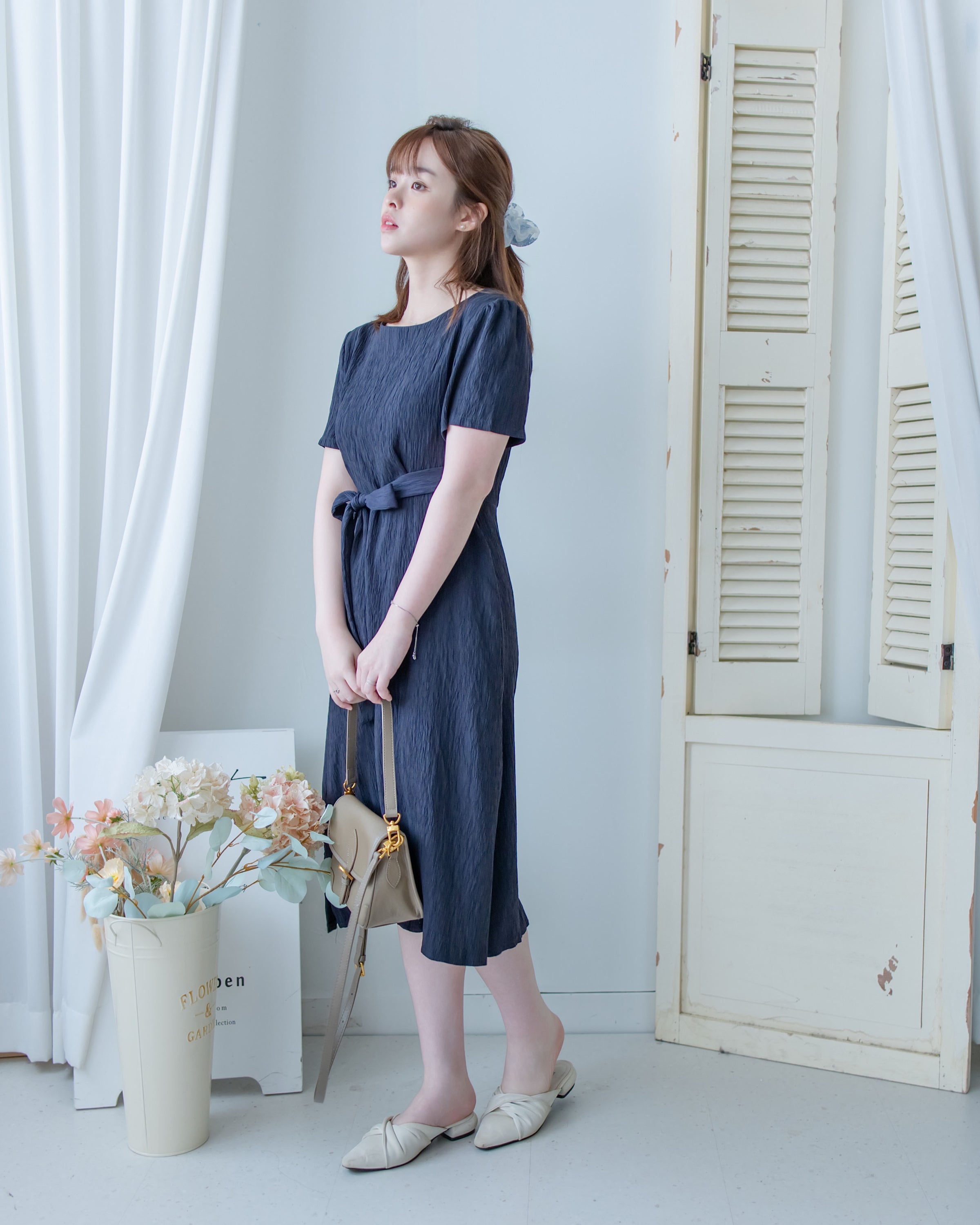 Side Slit Dress 車褶腰身綁帶開衩直身連身裙/ DS1161