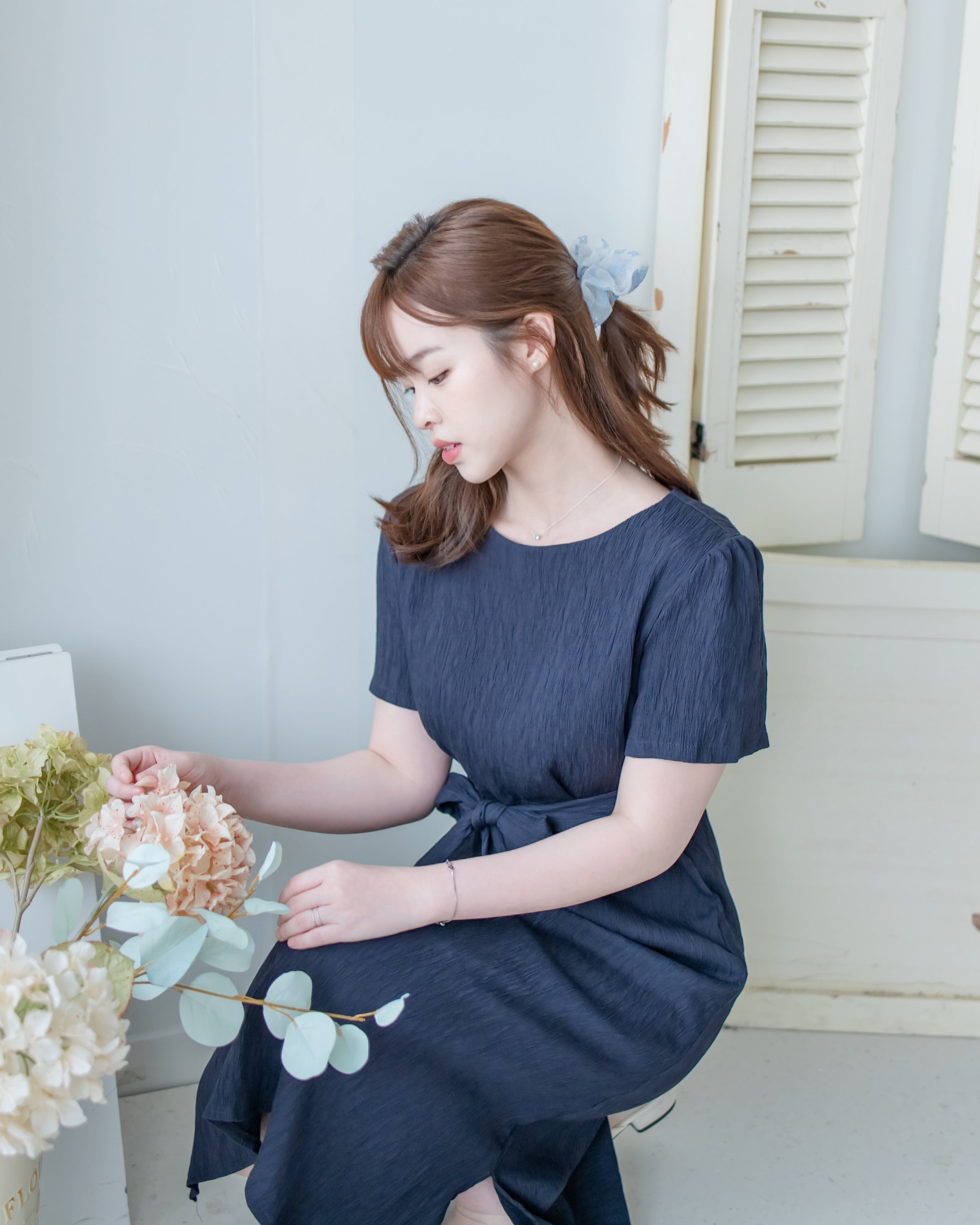Side Slit Dress 車褶腰身綁帶開衩直身連身裙/ DS1161