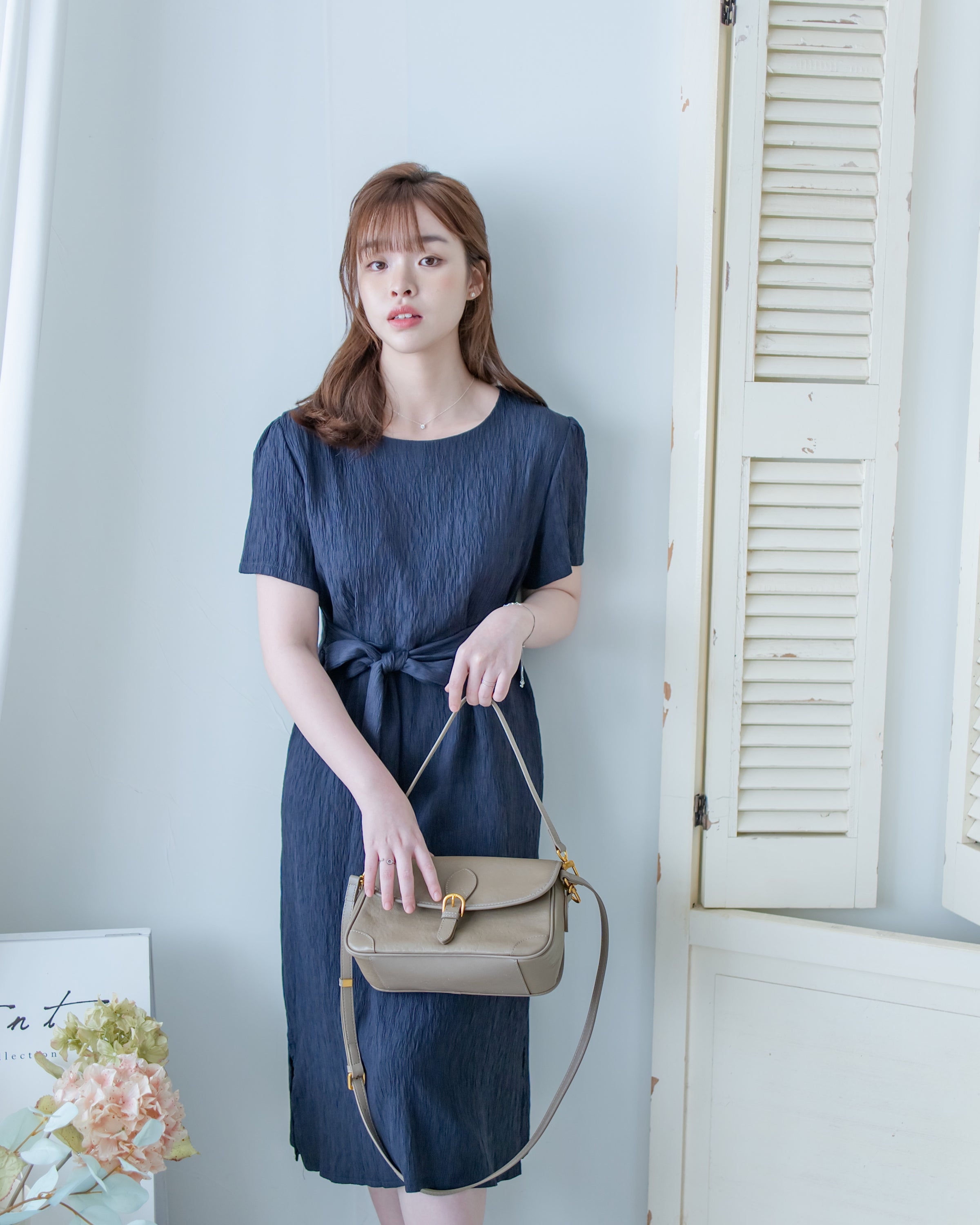 Side Slit Dress 車褶腰身綁帶開衩直身連身裙/ DS1161