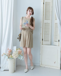 Beige belt Shorts Set 仿麻棉寬肩背心金屬腰帶短褲套裝/SE8116