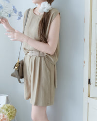Beige belt Shorts Set 仿麻棉寬肩背心金屬腰帶短褲套裝/SE8116