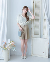 Beige belt Shorts Set 仿麻棉寬肩背心金屬腰帶短褲套裝/SE8116