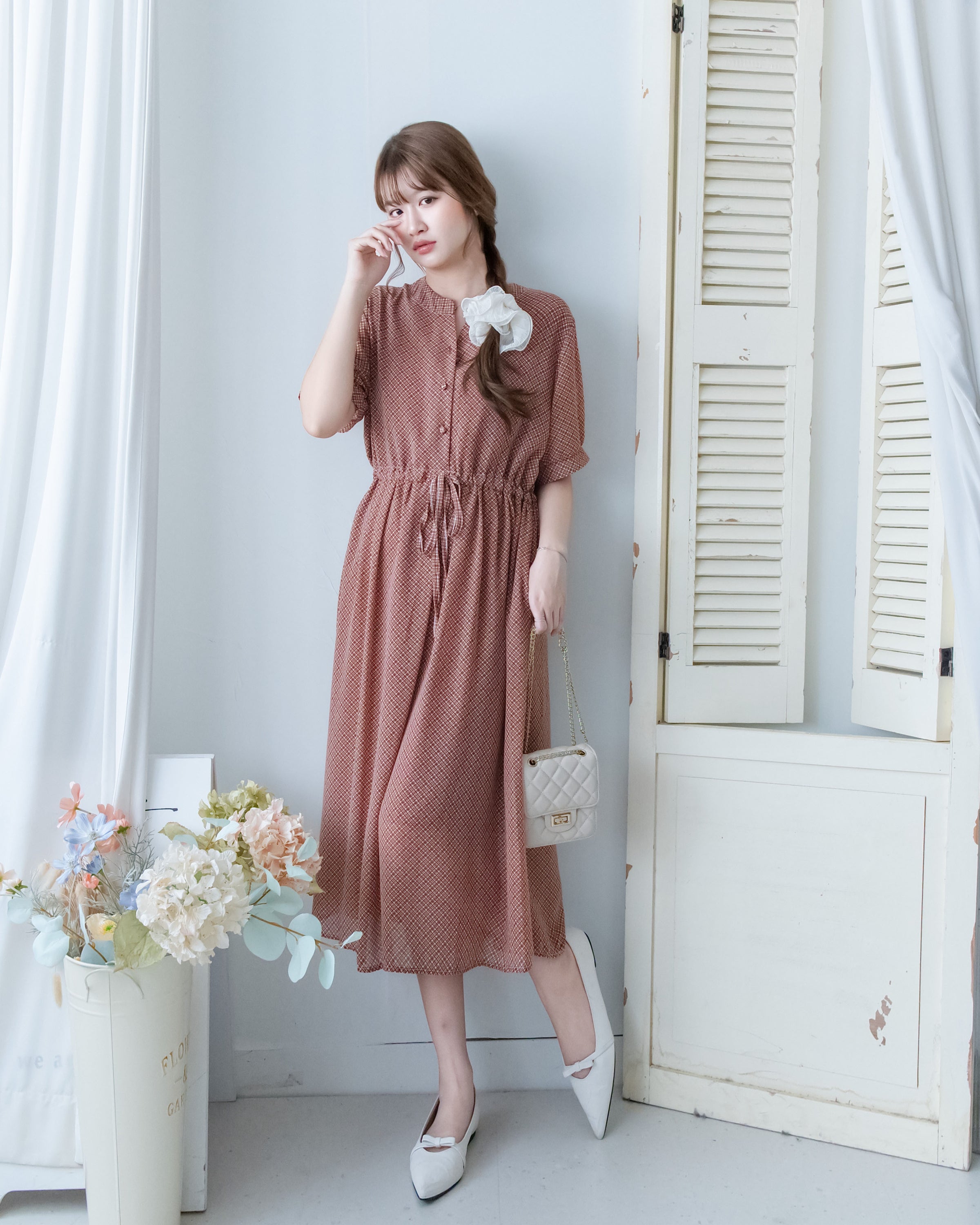 Rhombus Dress 輕復古菱格紋修腰連身裙/ DS1160