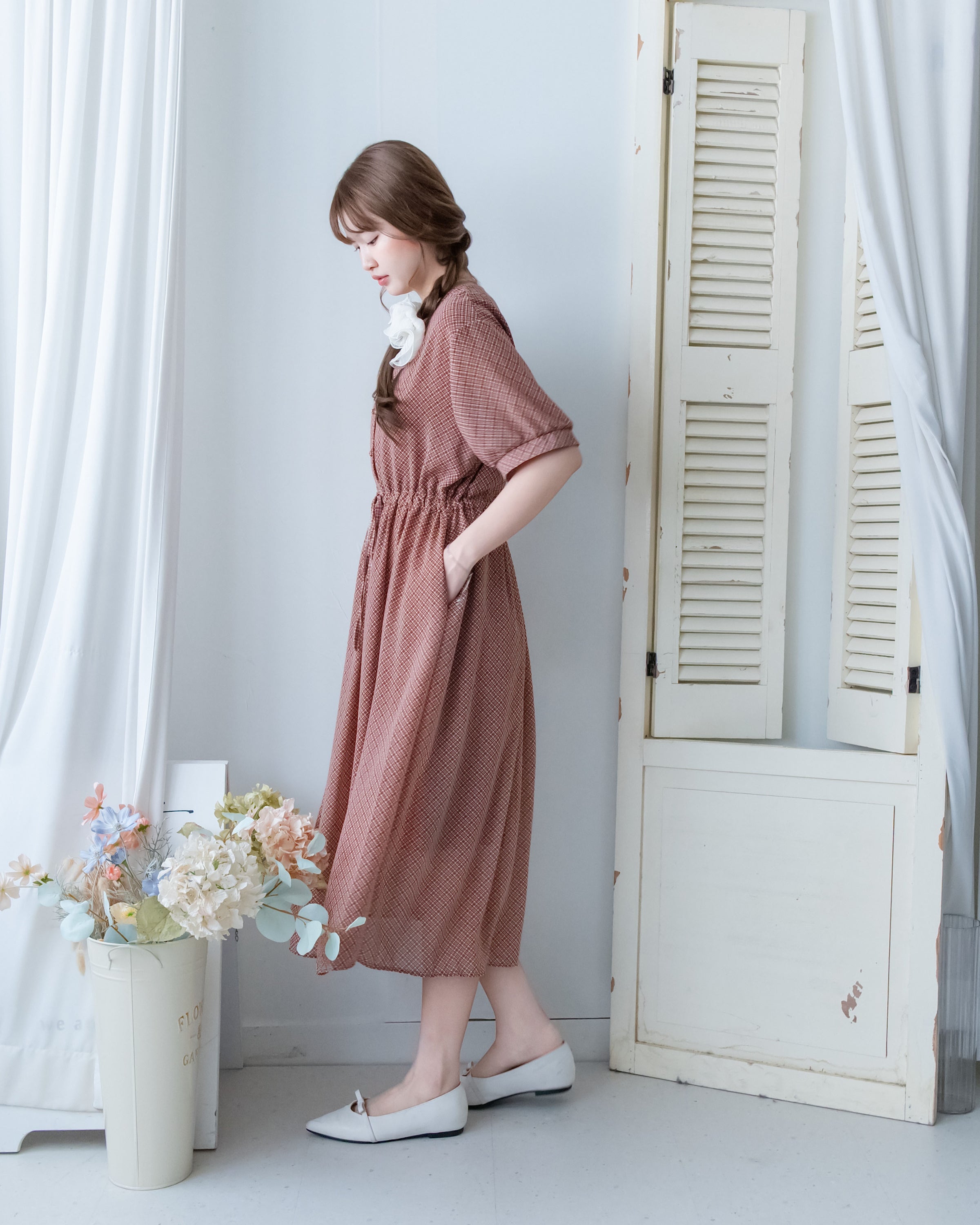 Rhombus Dress 輕復古菱格紋修腰連身裙/ DS1160