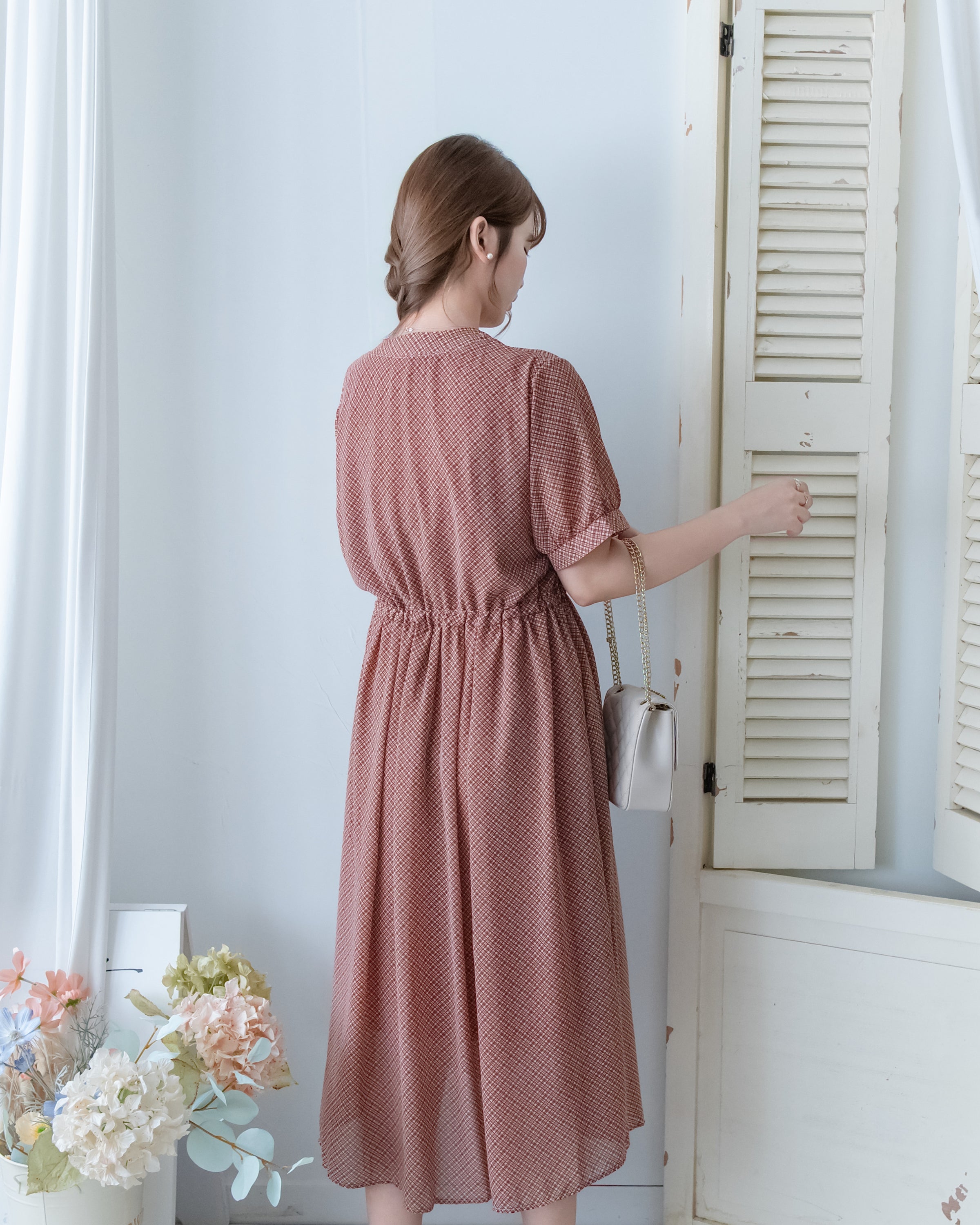 Rhombus Dress 輕復古菱格紋修腰連身裙/ DS1160