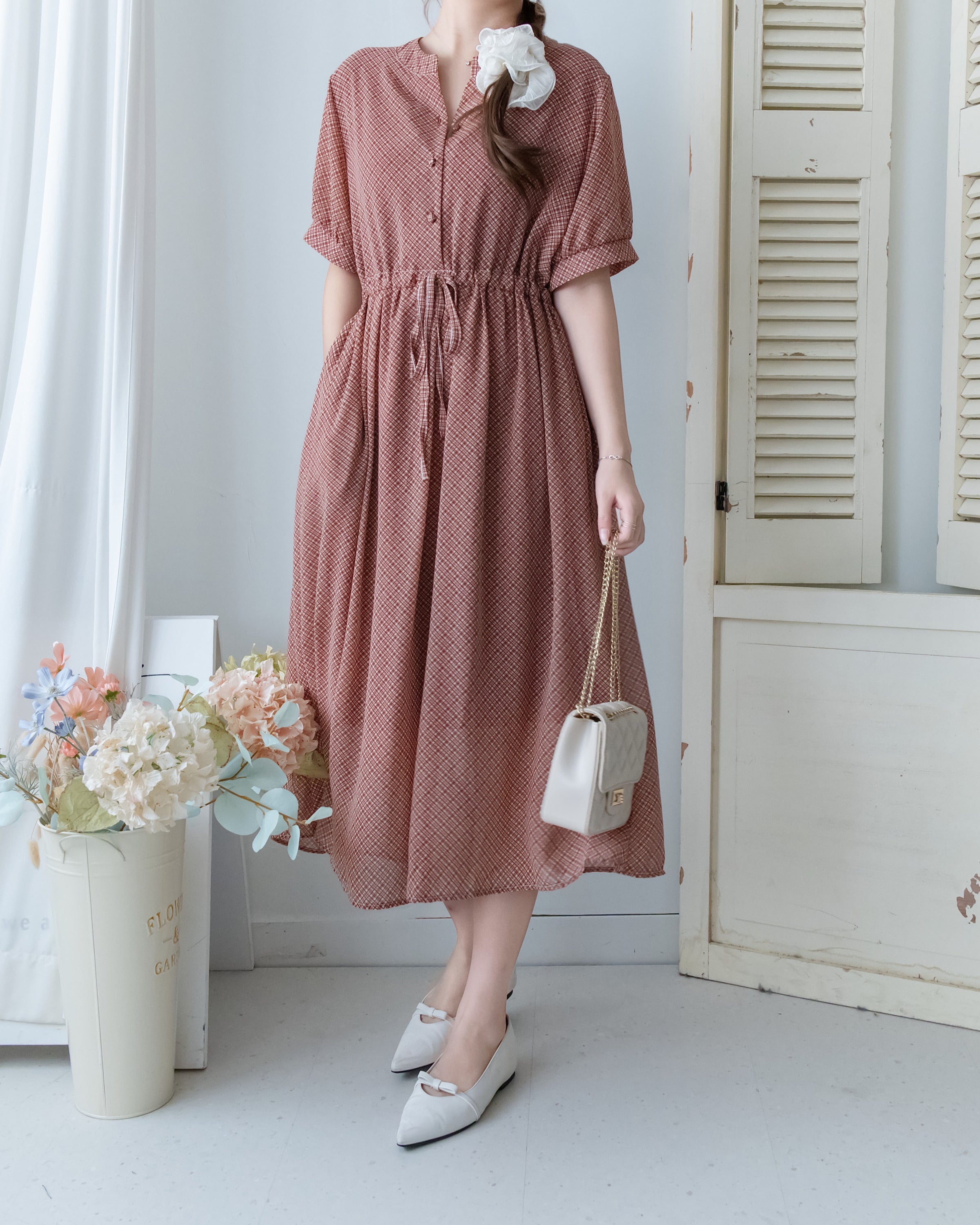 Rhombus Dress 輕復古菱格紋修腰連身裙/ DS1160
