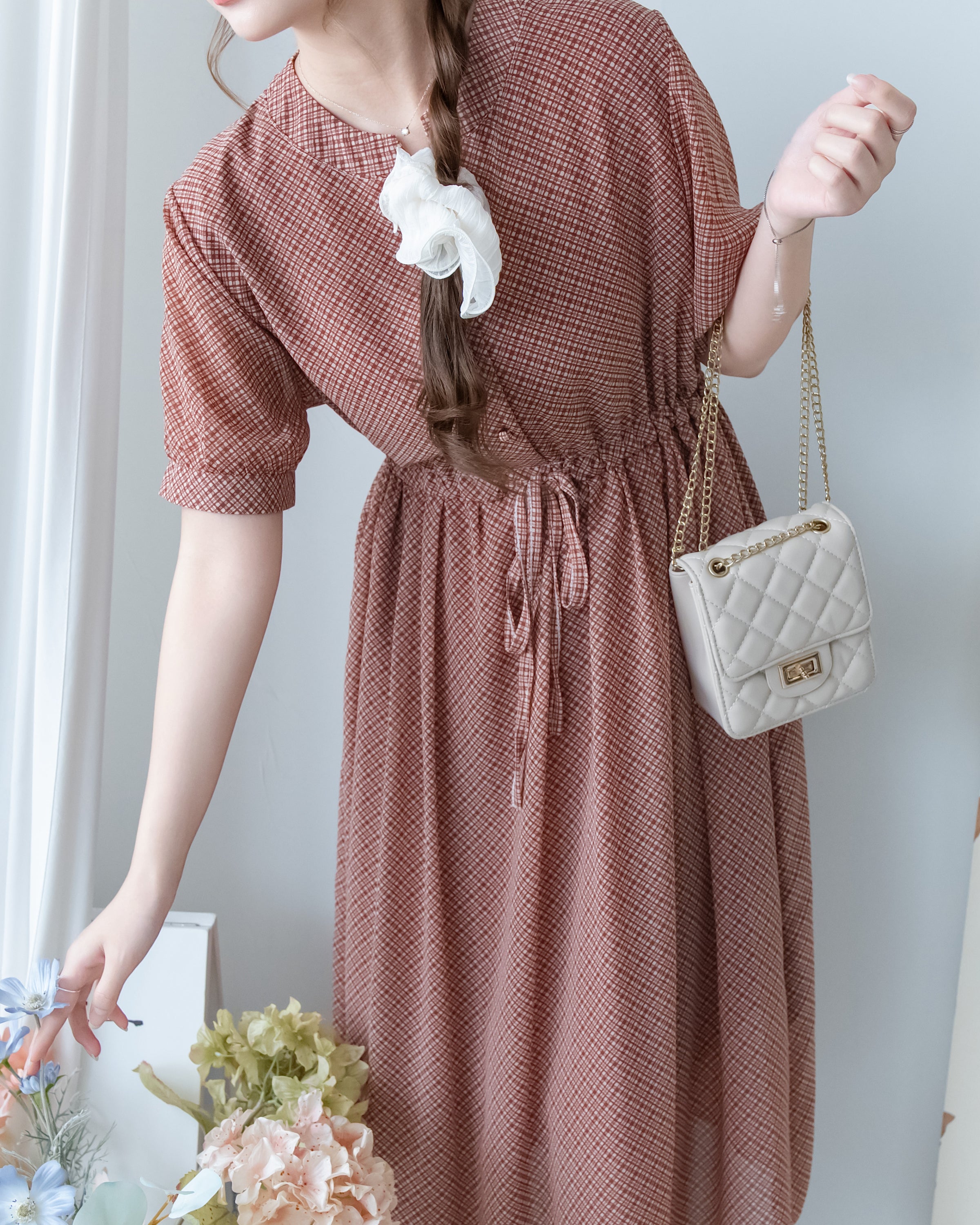 Rhombus Dress 輕復古菱格紋修腰連身裙/ DS1160