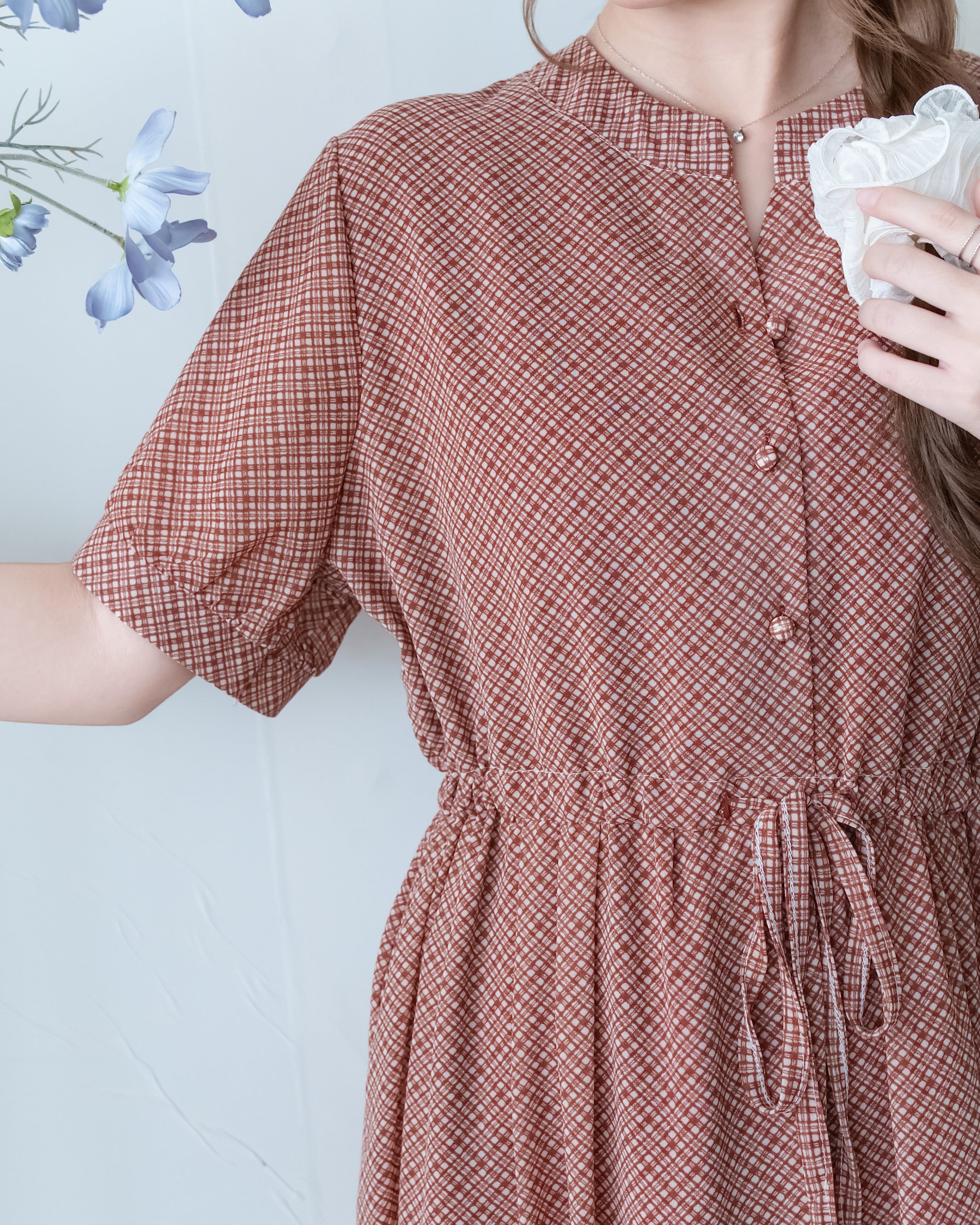 Rhombus Dress 輕復古菱格紋修腰連身裙/ DS1160
