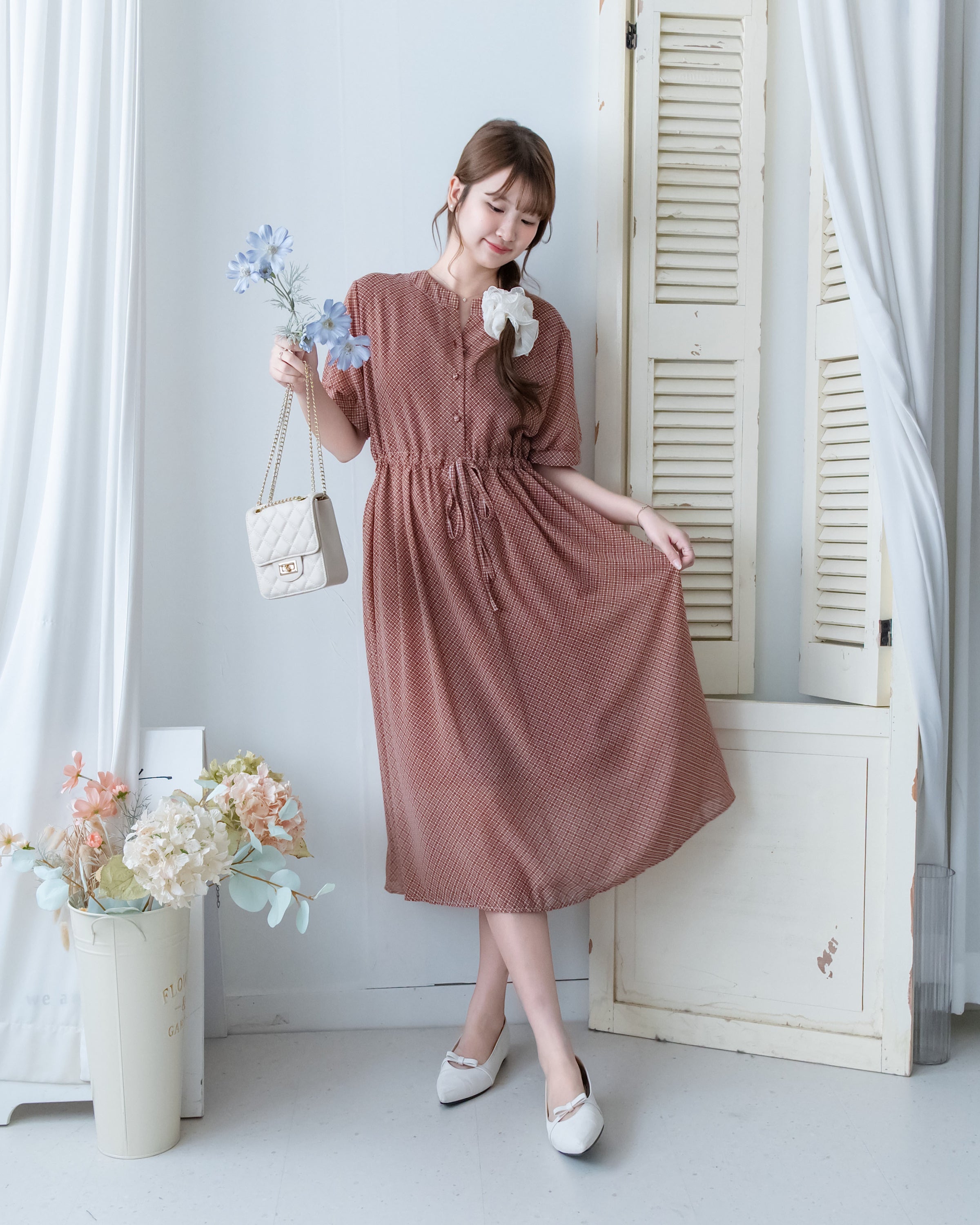 Rhombus Dress 輕復古菱格紋修腰連身裙/ DS1160