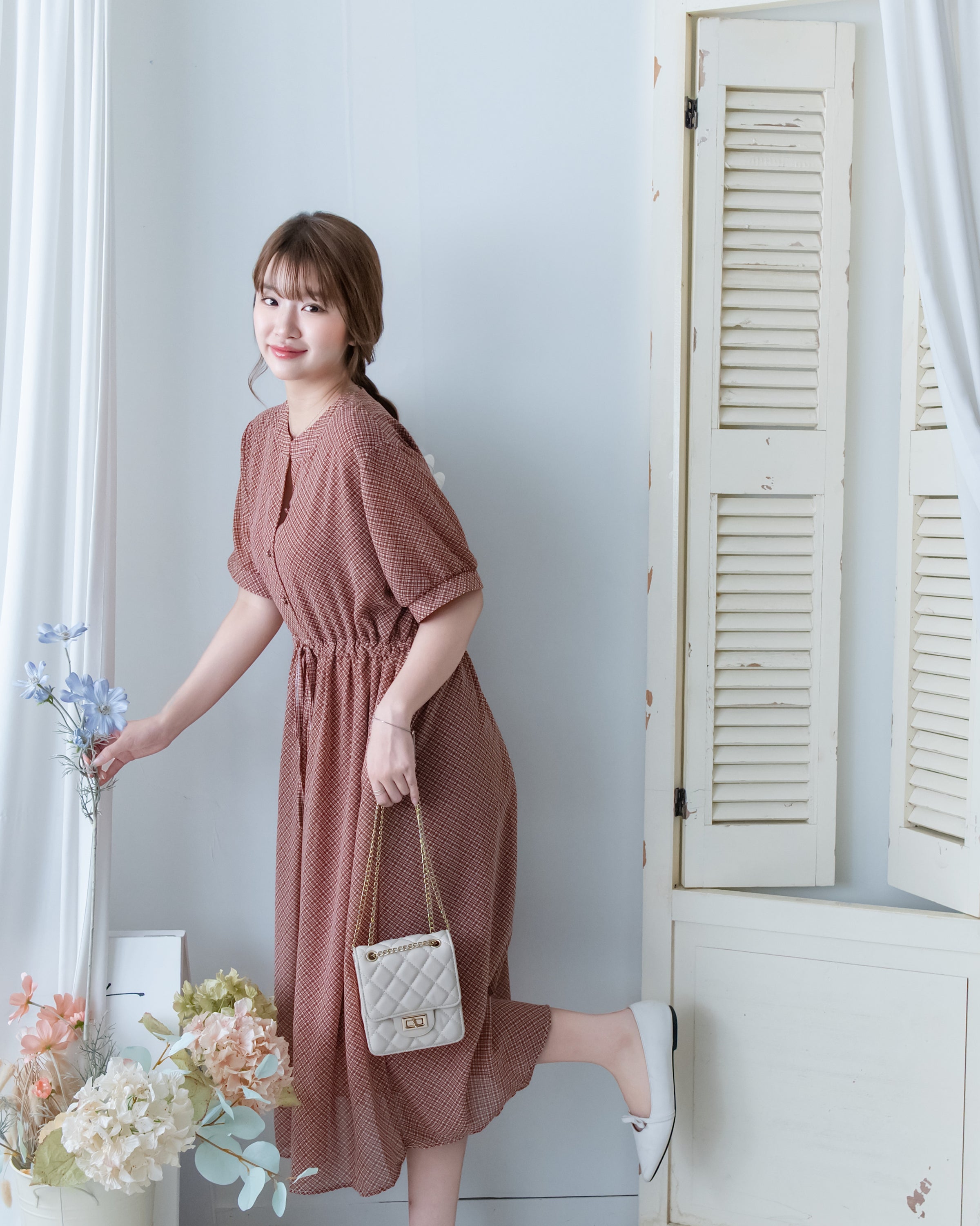 Rhombus Dress 輕復古菱格紋修腰連身裙/ DS1160