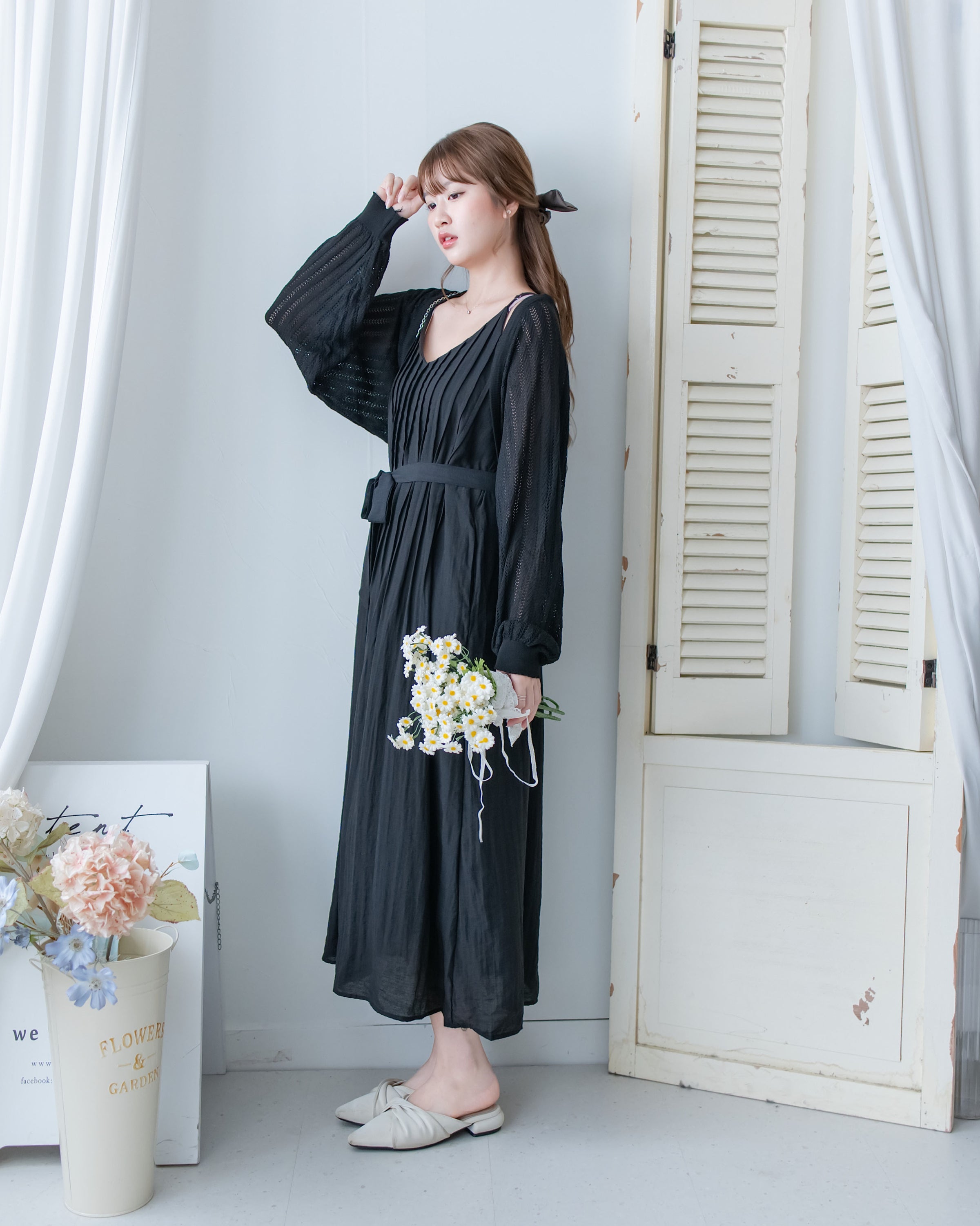 Knit Vest Set 鏤空針織外套風琴車褶長裙套裝/SE8118