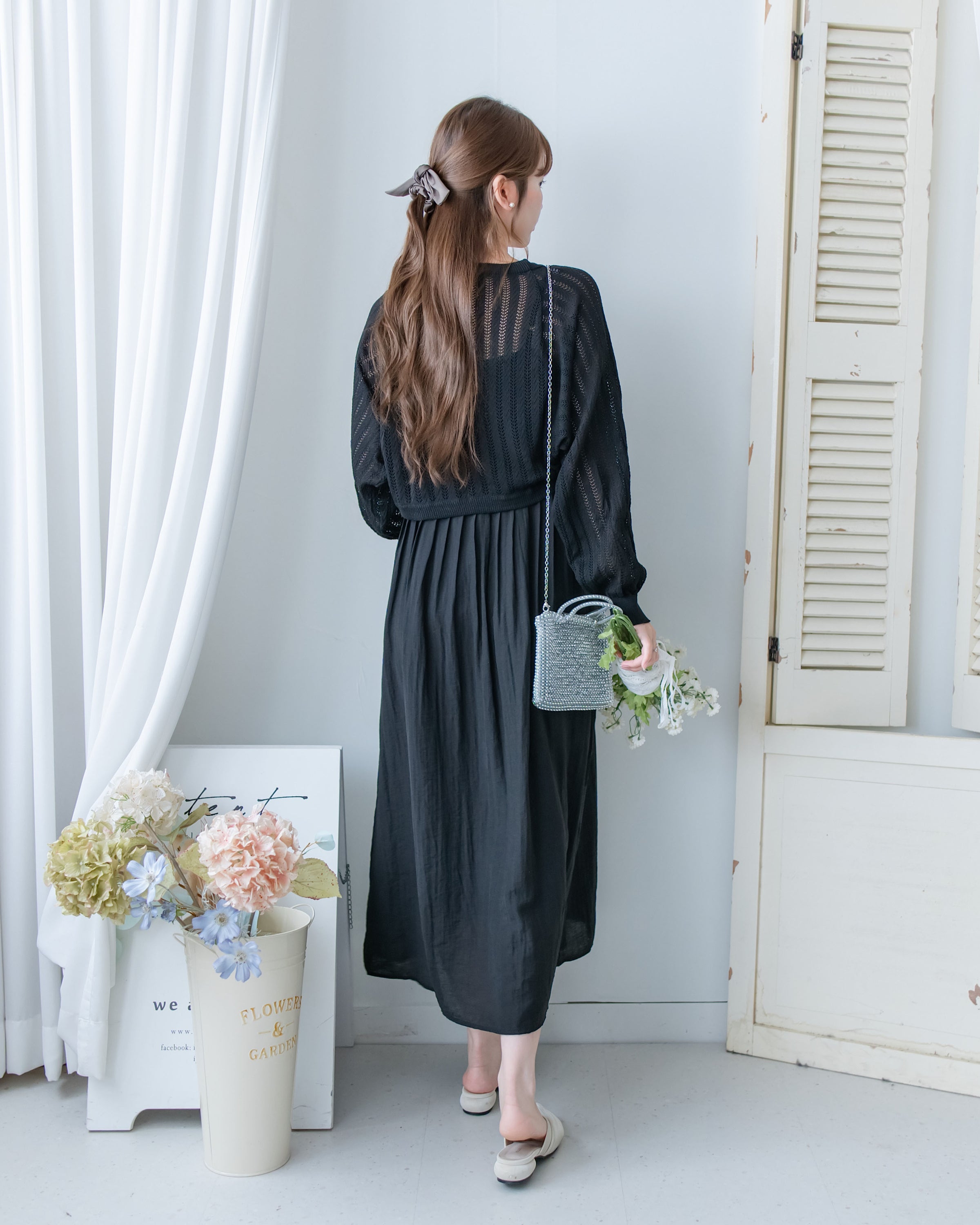 Knit Vest Set 鏤空針織外套風琴車褶長裙套裝/SE8118