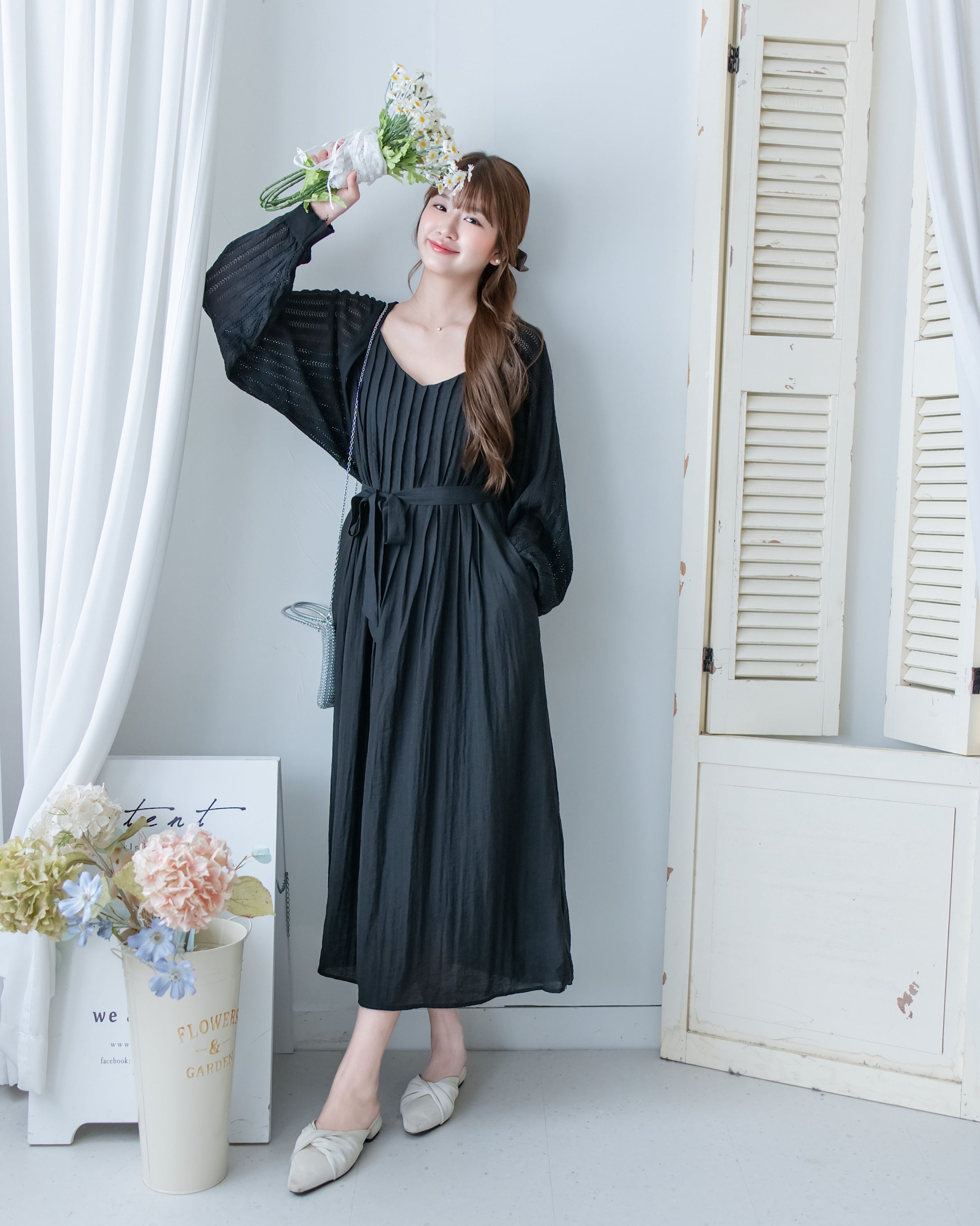 Knit Vest Set 鏤空針織外套風琴車褶長裙套裝/SE8118