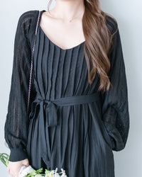 Knit Vest Set 鏤空針織外套風琴車褶長裙套裝/SE8118