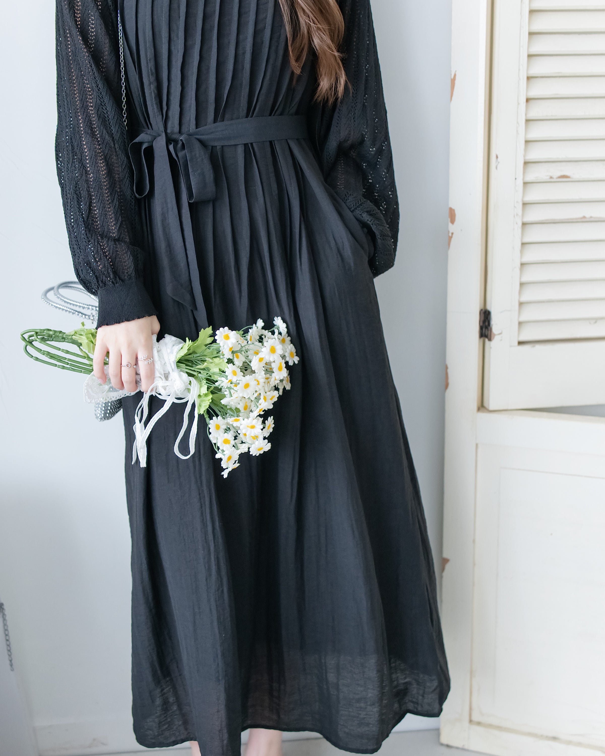 Knit Vest Set 鏤空針織外套風琴車褶長裙套裝/SE8118