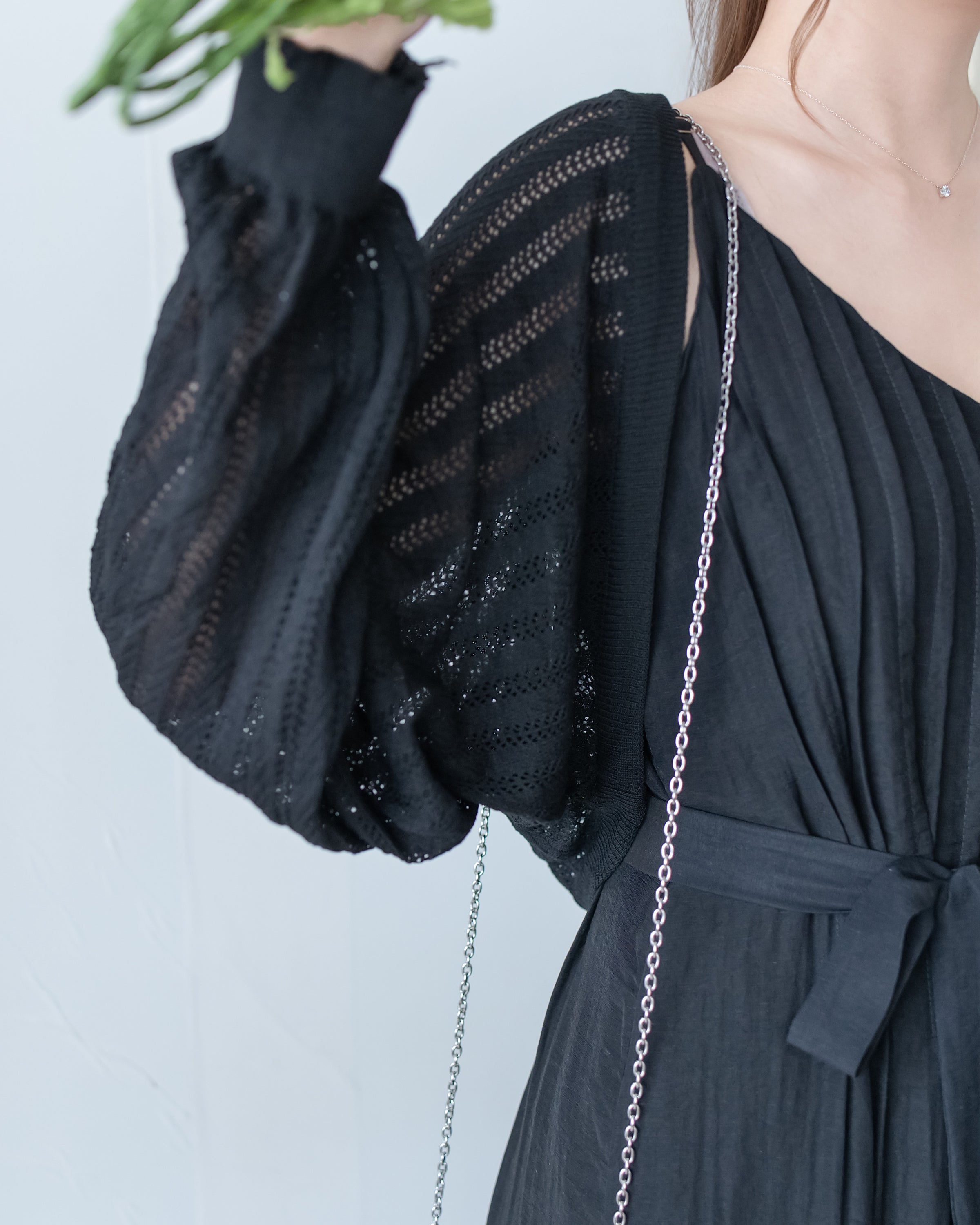 Knit Vest Set 鏤空針織外套風琴車褶長裙套裝/SE8118