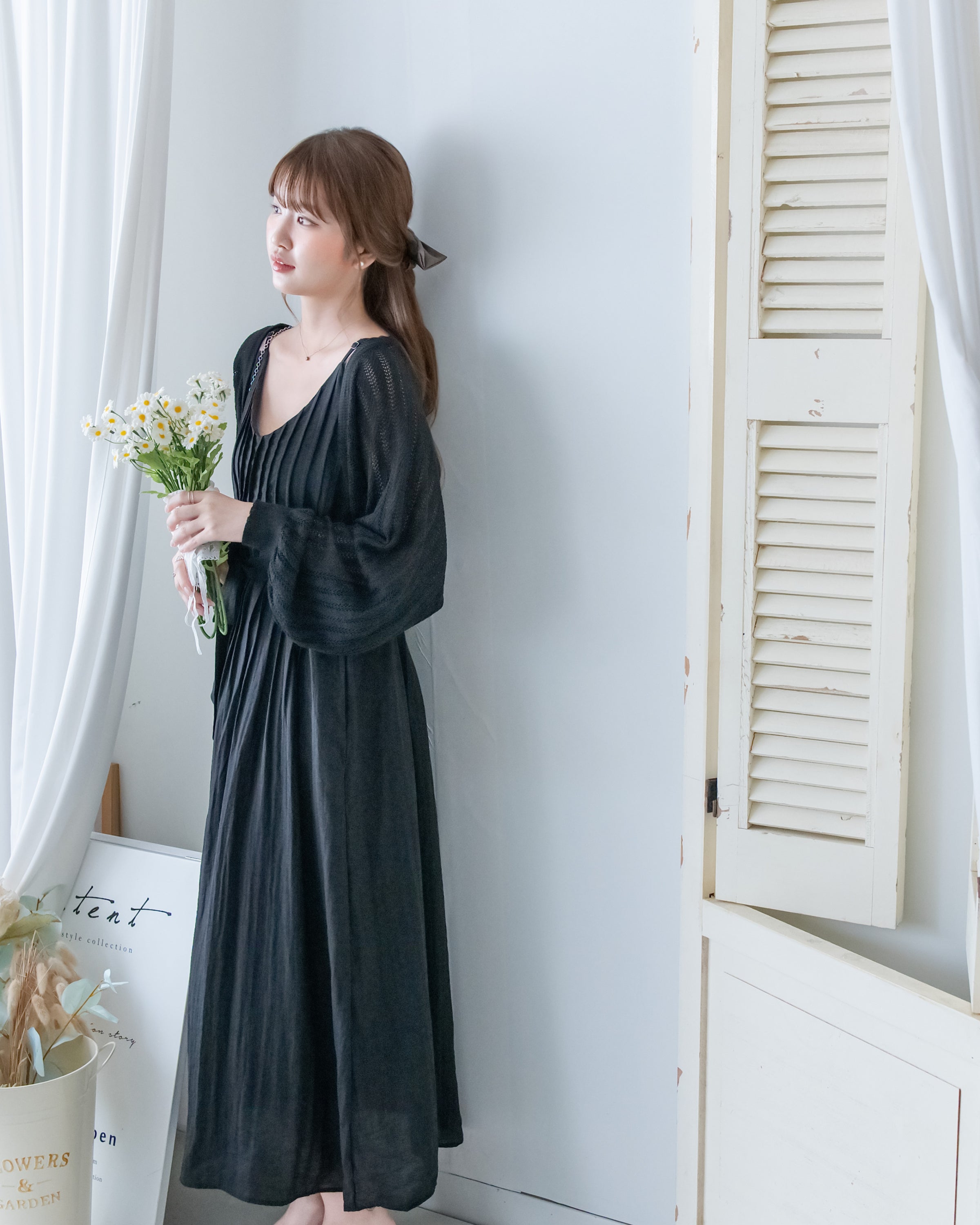 Knit Vest Set 鏤空針織外套風琴車褶長裙套裝/SE8118