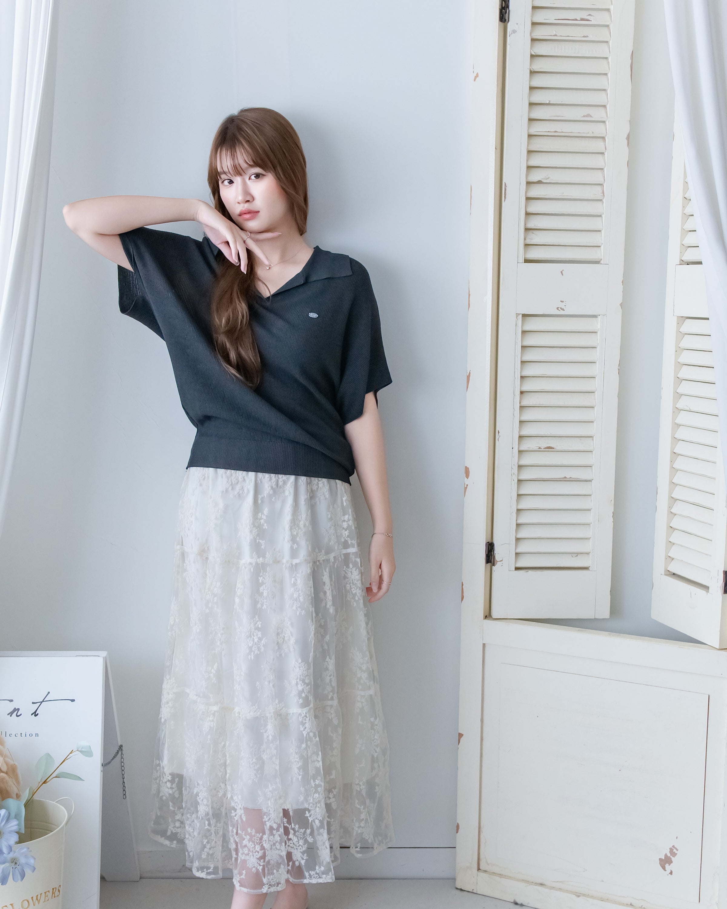 Knit Collar Top 無袖線防皺薄翻領針織衫/TP9235
