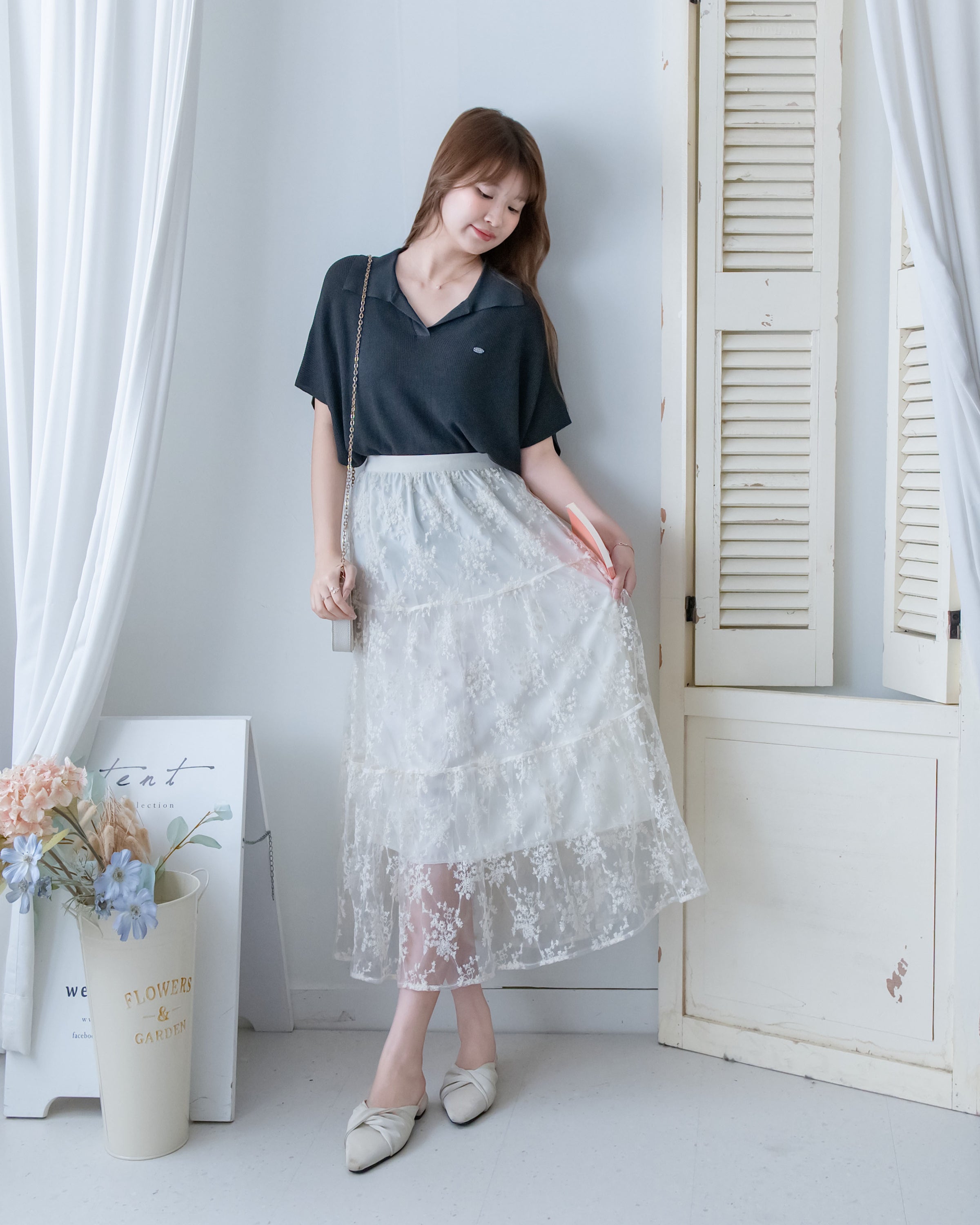 Floral Branch Skirt 浪漫鏤空刺繡層次薄紗傘裙/SK8949