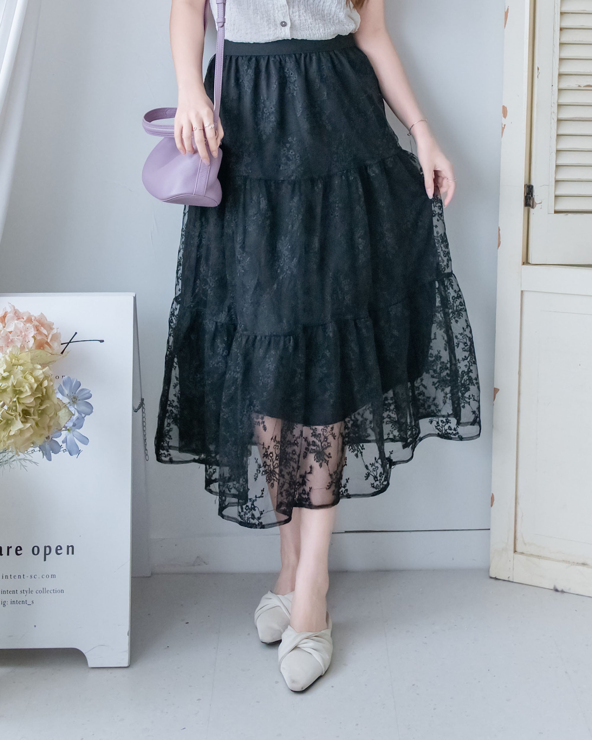 Floral Branch Skirt 浪漫鏤空刺繡層次薄紗傘裙/SK8949