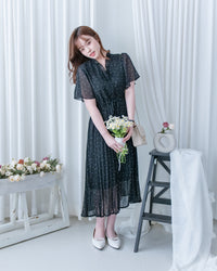 V Ruffle Dot Dress 木耳邊 V 領壓褶雪點雪紡連身裙/DS1162