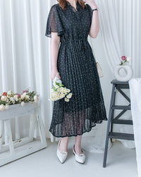 V Ruffle Dot Dress 木耳邊 V 領壓褶雪點雪紡連身裙/DS1162