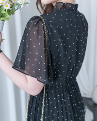V Ruffle Dot Dress 木耳邊 V 領壓褶雪點雪紡連身裙/DS1162