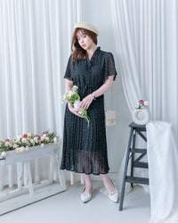V Ruffle Dot Dress 木耳邊 V 領壓褶雪點雪紡連身裙/DS1162