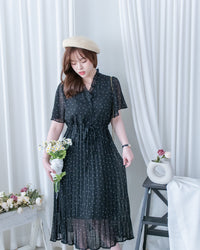 V Ruffle Dot Dress 木耳邊 V 領壓褶雪點雪紡連身裙/DS1162