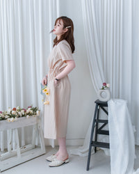 French Dress 十字切線彈性抽腰口袋連身裙/DS1164