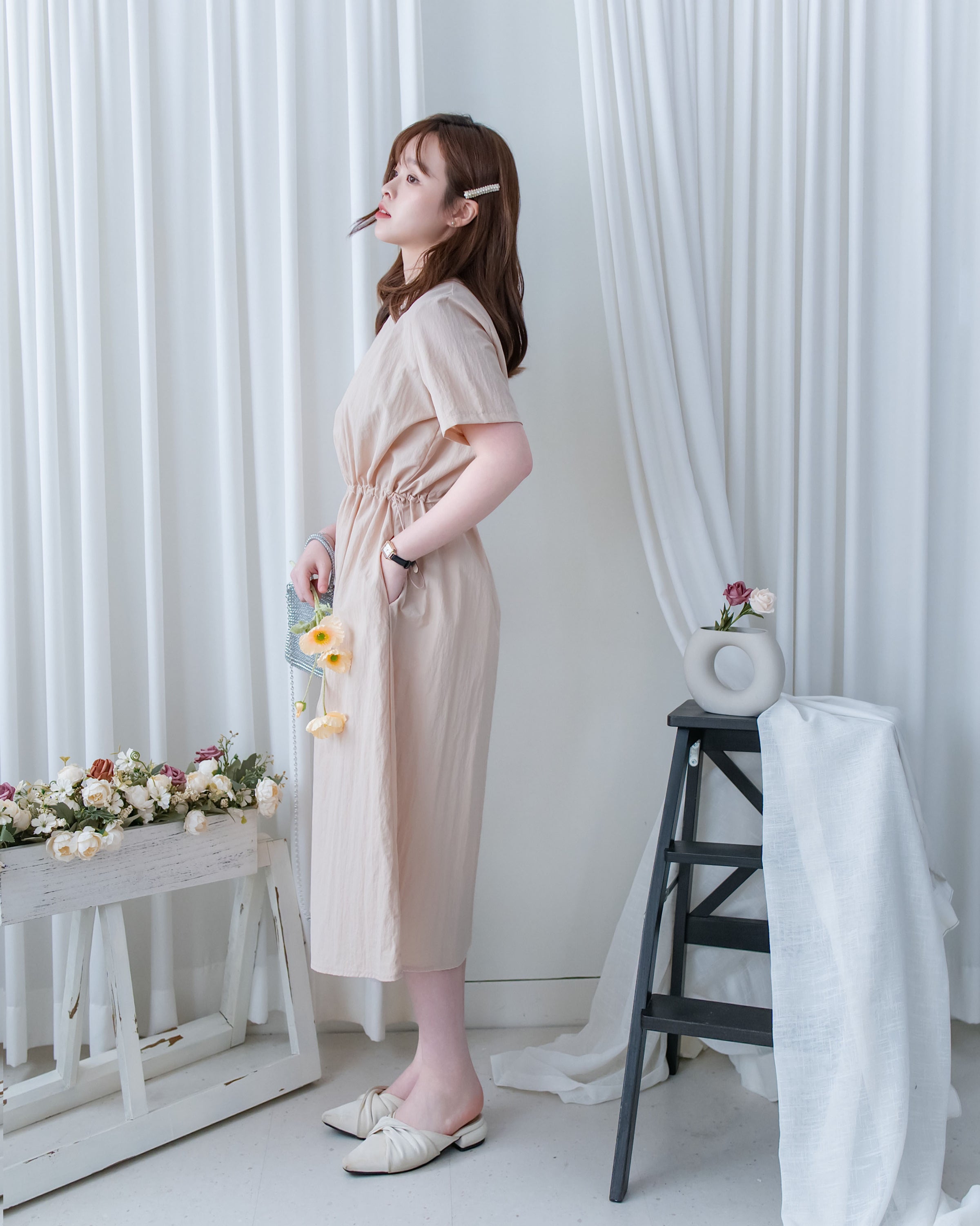 French Dress 十字切線彈性抽腰口袋連身裙/DS1164