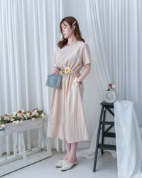 French Dress 十字切線彈性抽腰口袋連身裙/DS1164
