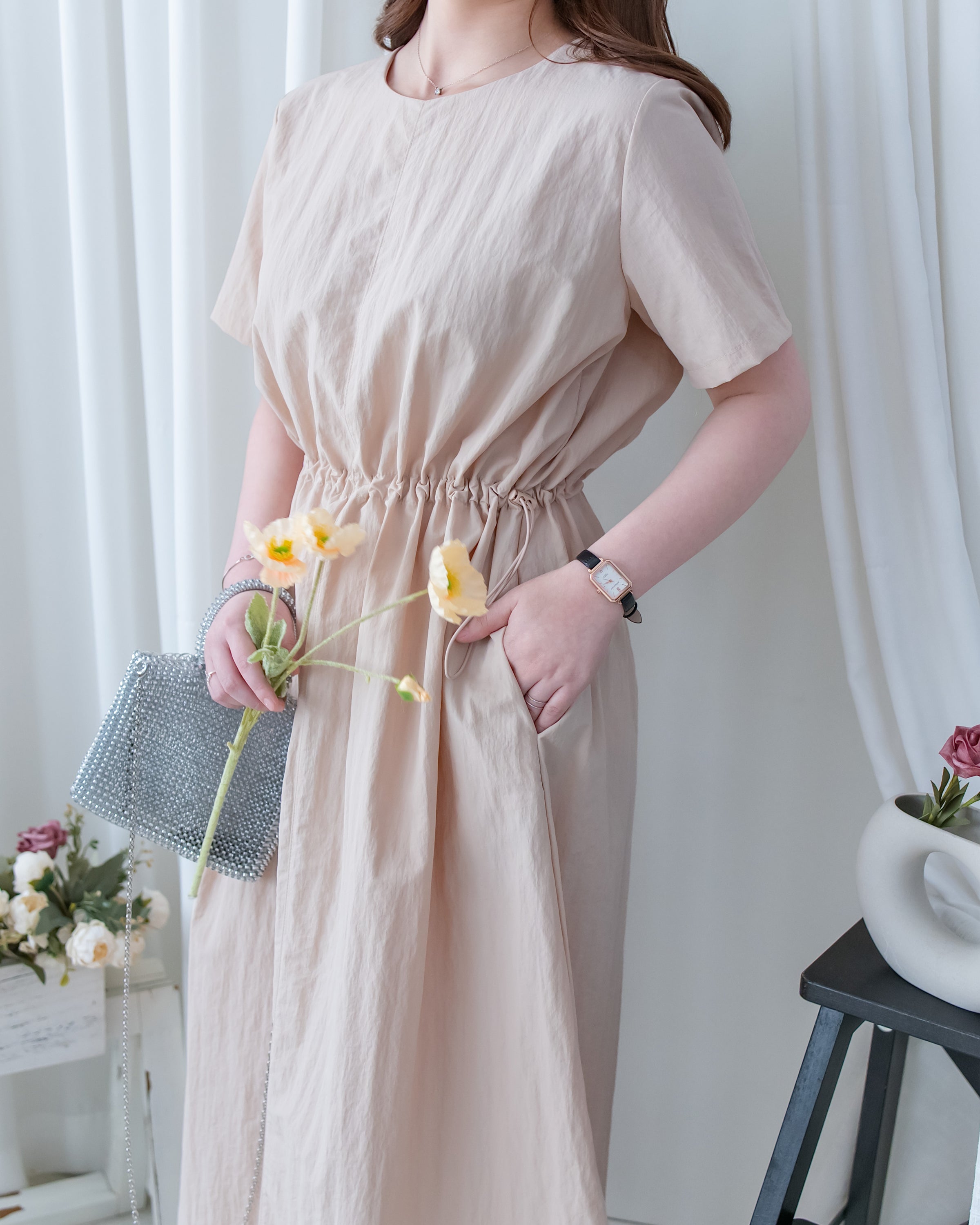 French Dress 十字切線彈性抽腰口袋連身裙/DS1164