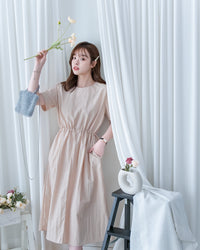 French Dress 十字切線彈性抽腰口袋連身裙/DS1164
