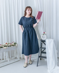 French Dress 十字切線彈性抽腰口袋連身裙/DS1164