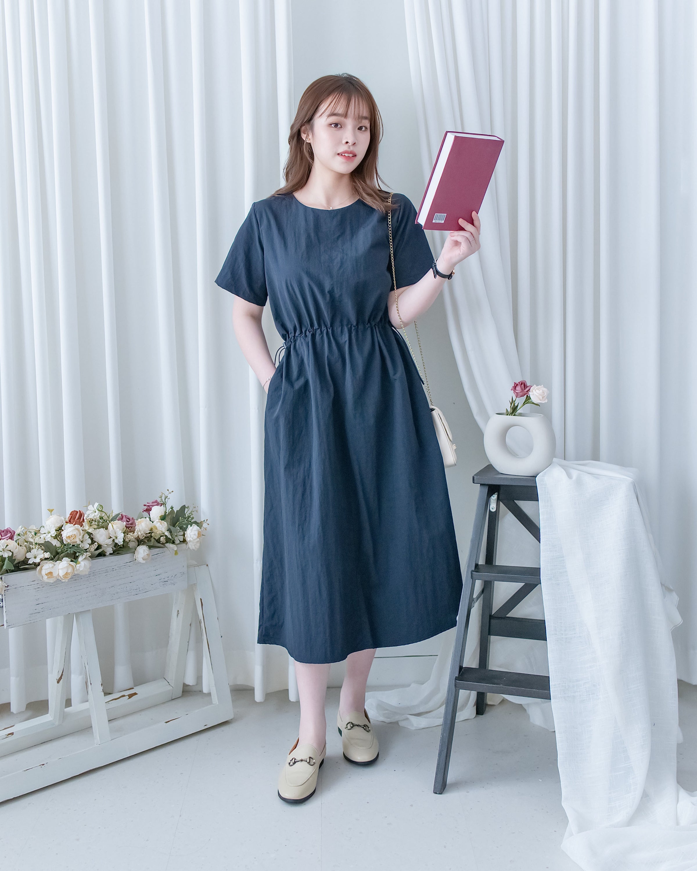 French Dress 十字切線彈性抽腰口袋連身裙/DS1164