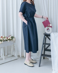 French Dress 十字切線彈性抽腰口袋連身裙/DS1164