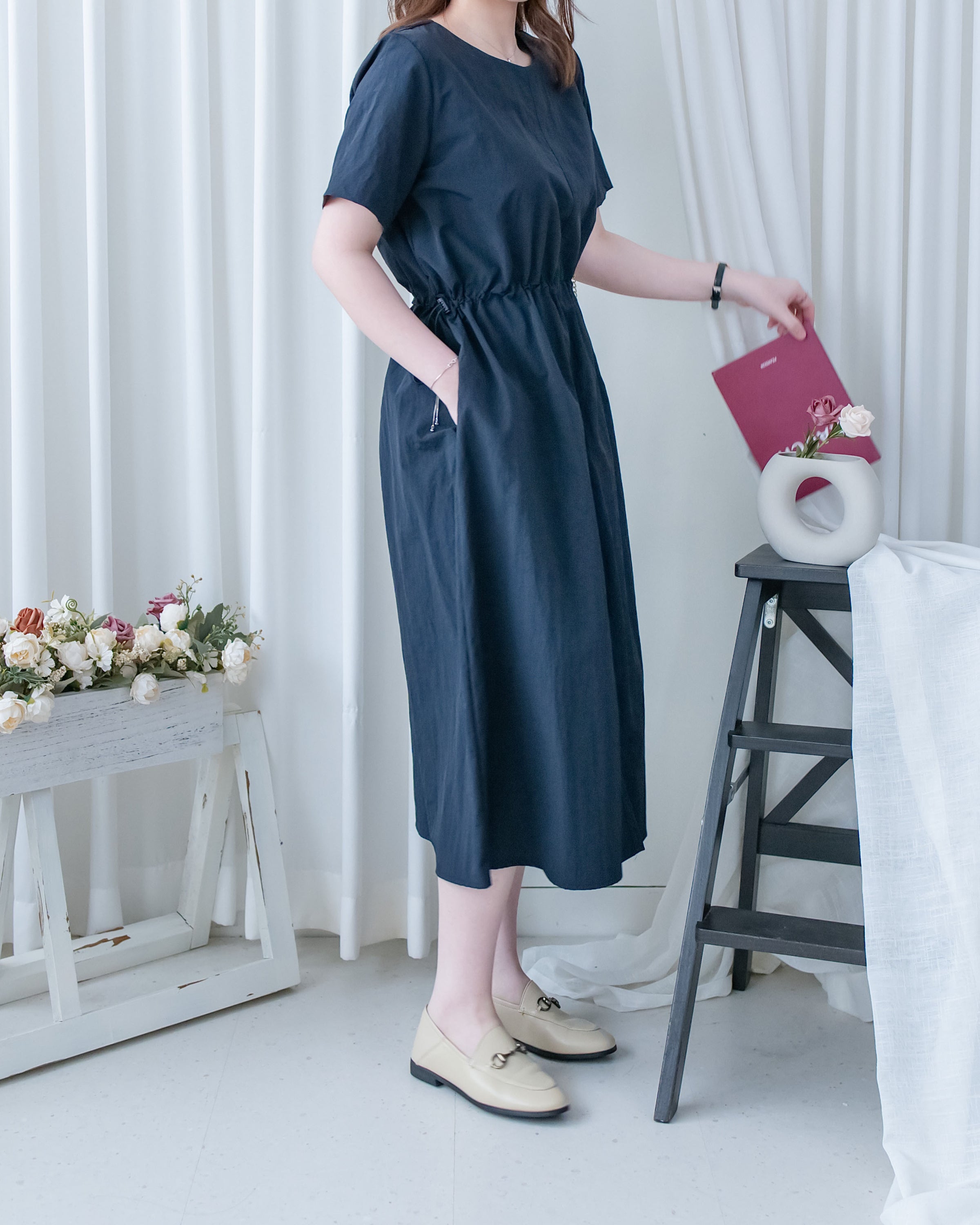 French Dress 十字切線彈性抽腰口袋連身裙/DS1164