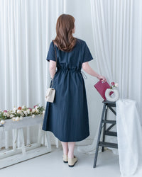 French Dress 十字切線彈性抽腰口袋連身裙/DS1164