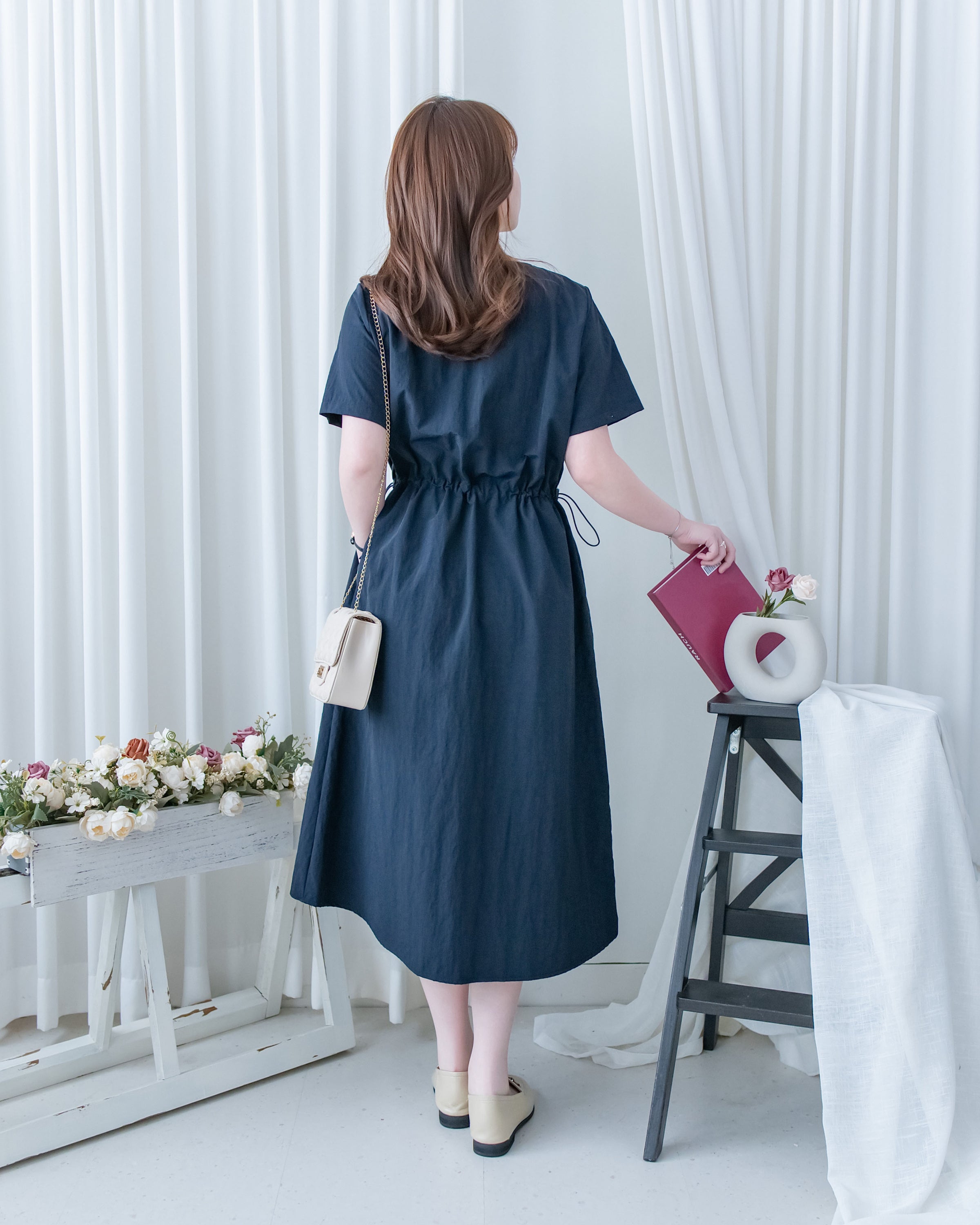 French Dress 十字切線彈性抽腰口袋連身裙/DS1164