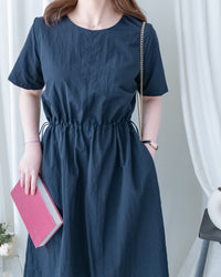 French Dress 十字切線彈性抽腰口袋連身裙/DS1164