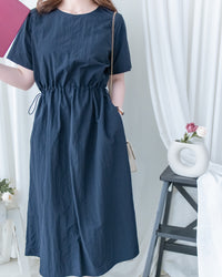 French Dress 十字切線彈性抽腰口袋連身裙/DS1164