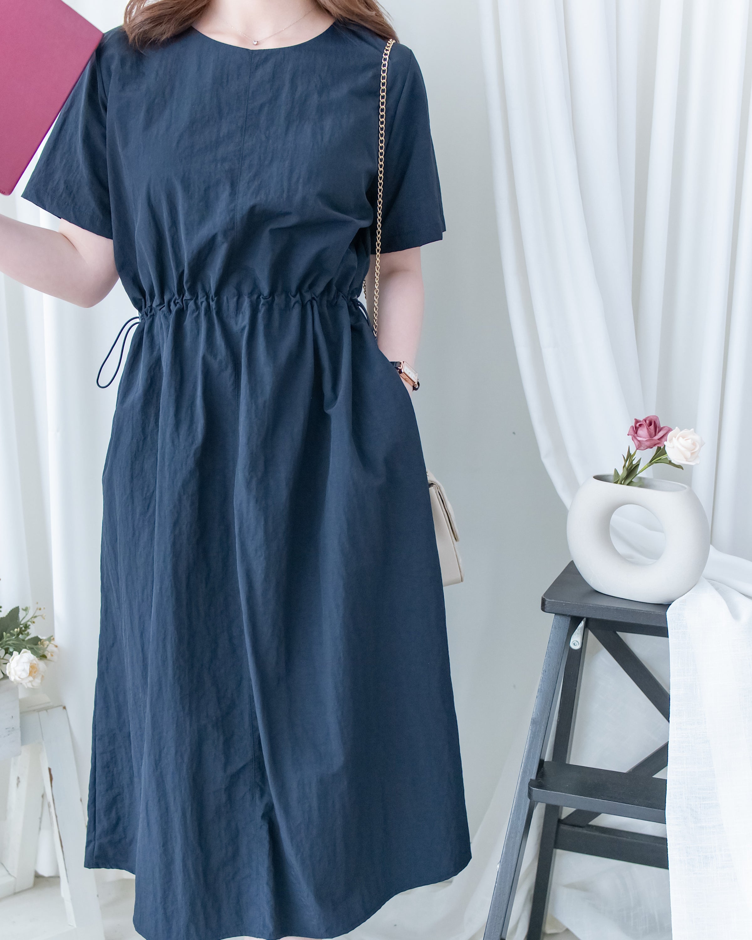 French Dress 十字切線彈性抽腰口袋連身裙/DS1164