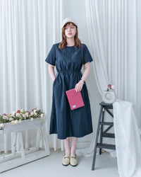 French Dress 十字切線彈性抽腰口袋連身裙/DS1164