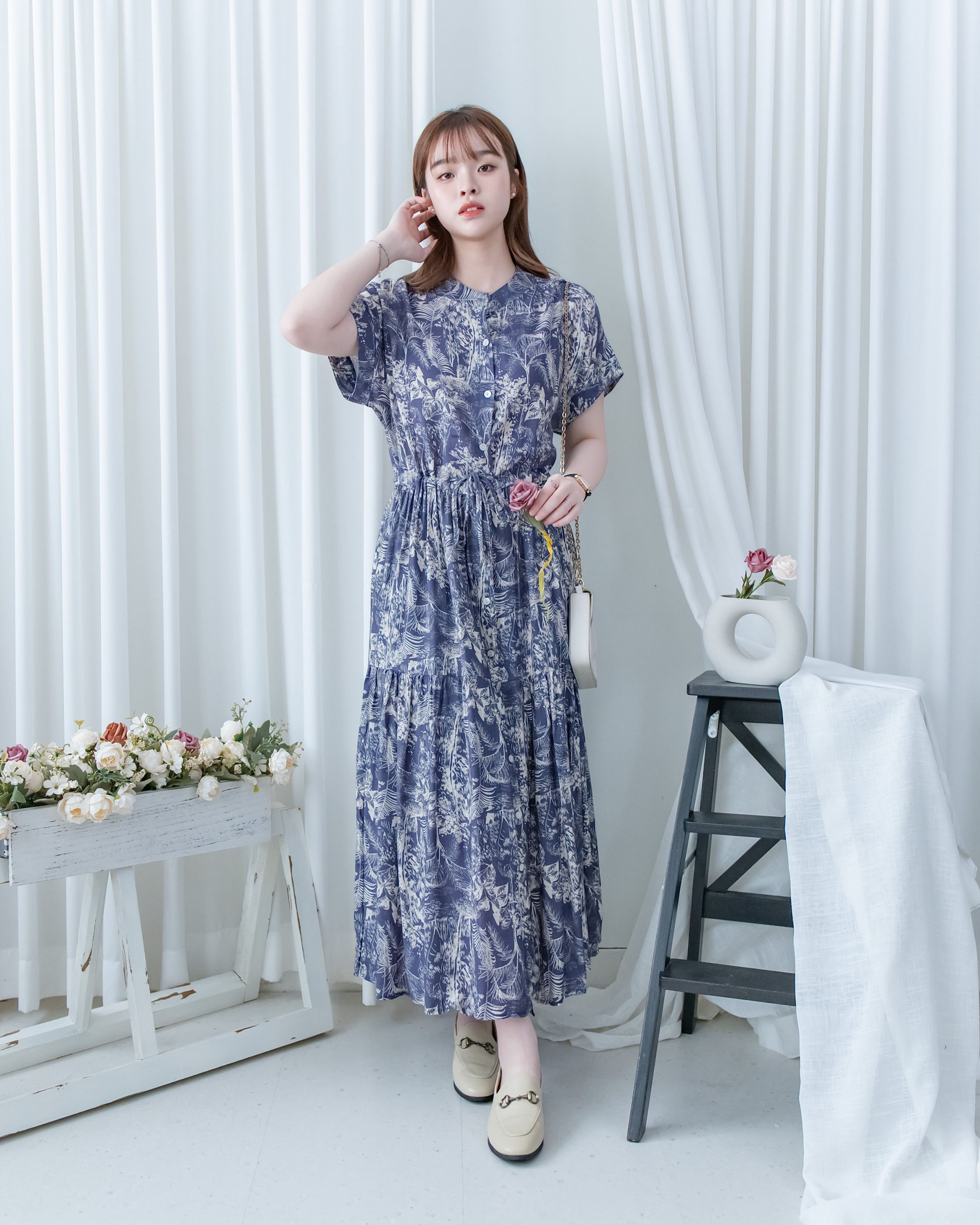 Porcelain Shirt Dress 無領陶瓷植物花印花恤衫連衣裙/DS1166 (Pre-order white)